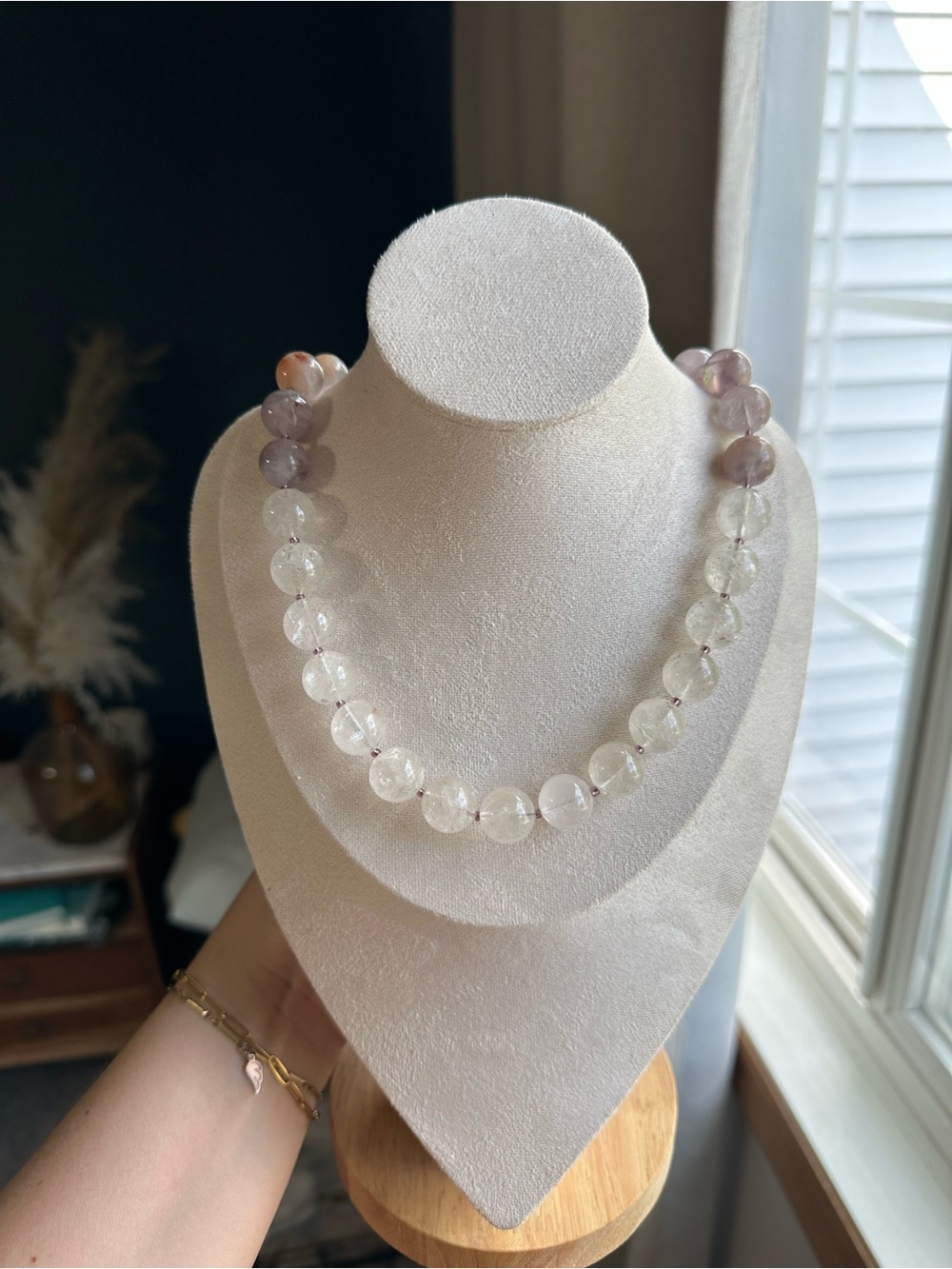 All Natural Amethyst & Clear Quartz Beaded Necklace with Gold Toggle - Picture 3 of 4